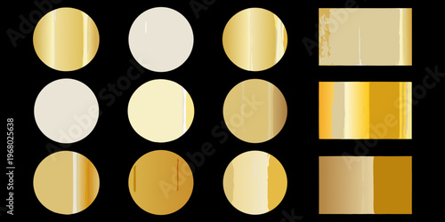 Assorted gold and white oval and square color swatches on black