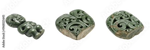 Εκτύπωση καμβά Set and collection of Maori greenstone pounamu hei tiki and carved pendants isol