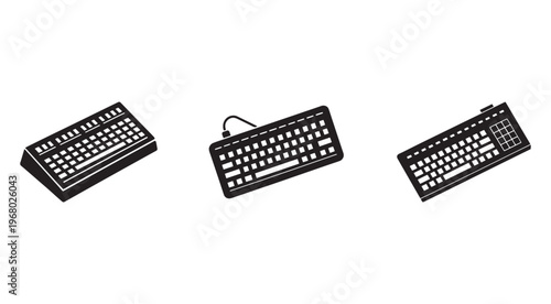 Three computer keyboards with different designs and layouts shown from various angles on a clean and minimalist white background for tech or office concepts