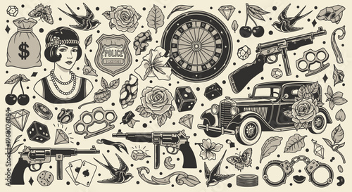 Vintage 1920s Gangster Tattoo Flash Collection - Prohibition Era Noir Illustrations with Flapper Girl, Tommy Gun, Classic Car, and Gambling Icons