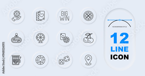 Casino game set icon. Line style icons display coin hand, card smartphone, big win text, roulette wheel, dealer table, spinning wheel, ace cards, cherries symbol, slot machine, poker chip, dice