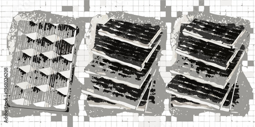 Abstract representation of stacked textured blocks in grayscale tones