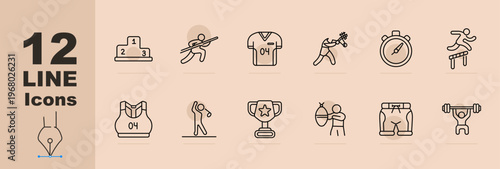 Sports training set icon. Line icons with podium ranking, rifle shooting athlete, jersey shirt number, badminton player swing, stopwatch timer, hurdle jump, sports bra top, golf swing