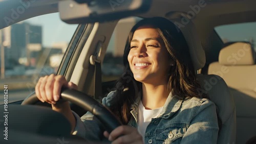 Young woman driving a car with closed eyes and concentrated expression