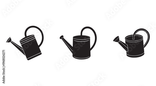 Three different black silhouettes of watering cans in various orientations on white background  gardening tools
