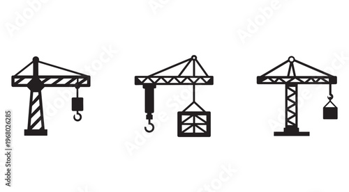 Three different crane silhouettes with various lifting equipment for construction and industrial use  cranes with hooks and blocks for heavy lifting operations