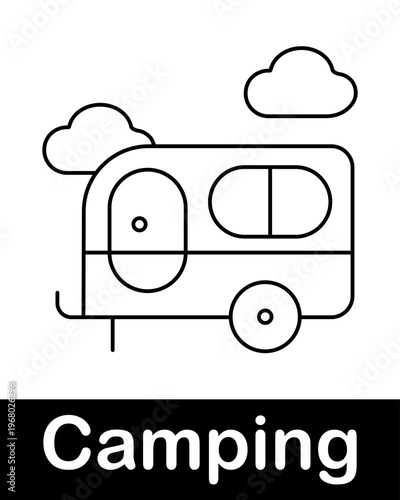 Camping trailer with clouds line icon representing outdoor travel, caravan trip and vacation concept in minimal outline style