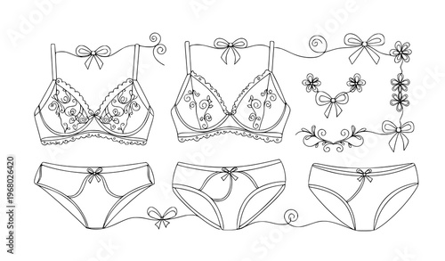 Minimalist continuous line lingerie doodle icon pack feminine fashion vector illustration