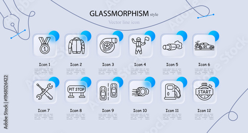 Motorsport set icon. Winner medal, racing suit, turbo engine, driver celebration, exhaust pipe, sport car, repair tools, pit stop sign, track overtake, speed tire, fuel pump, start signal