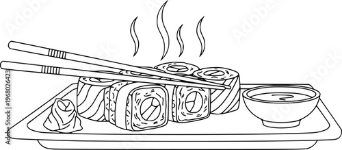 Delicious sushi rolls with chopsticks and dipping sauce a white background food japanese