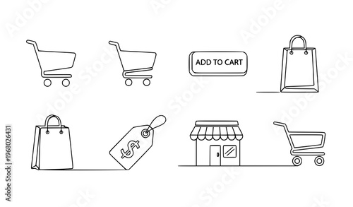 Continuous line drawing shopping cart and ecommerce icon set online store vector illustration