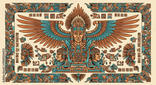 Ancient Aztec King with Majestic Wings and Headdress Illustration, Mesoamerican Mayan Style Art with Hieroglyphs and Tribal Pattern Border