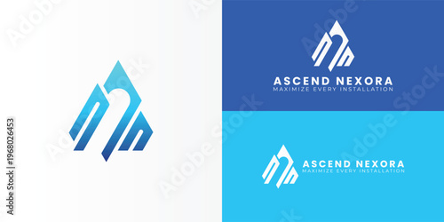The modern technology logo features an abstract upward monogram with blue gradients to symbolise growth, optimisation, automation, efficiency, and scalable revenue performance.