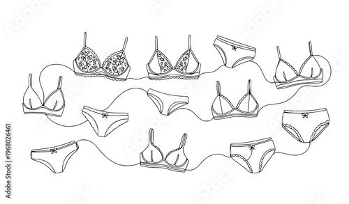 One line drawing lingerie fashion doodle icons feminine underwear outline vector illustration