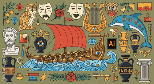 Ancient Greek Mythology and History Icon Set Vector Illustration - Trireme, Philosopher, Owl, Lyre, and Amphora