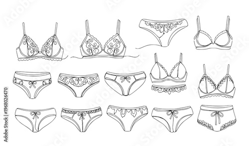 Continuous line drawing lingerie doodle icon set lace bra panties fashion vector illustration