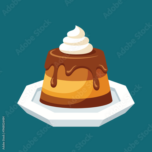 A luscious dessert featuring a rich caramel custard drizzled with chocolate sauce, artfully placed on a white plate, tempting dessert lovers with its delight.