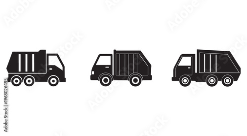 Three different garbage truck silhouettes side view  waste management vehicles  sanitation trucks  garbage collectors  urban cleaning vehicles
