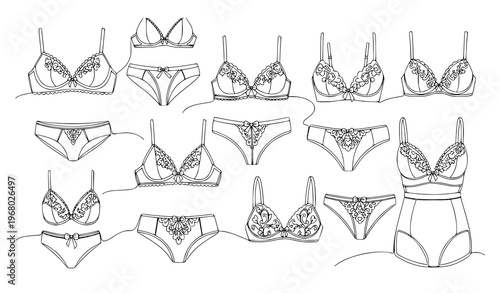 One line drawing women lingerie doodle icons fashionable underwear outline vector illustration