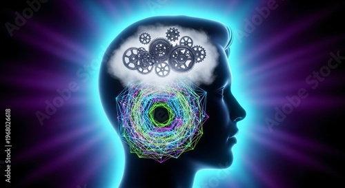 Neon silhouette human head with gears and geometric brain patterns illustrating complex mental processes, cognitive function, and psychological thinking concepts.