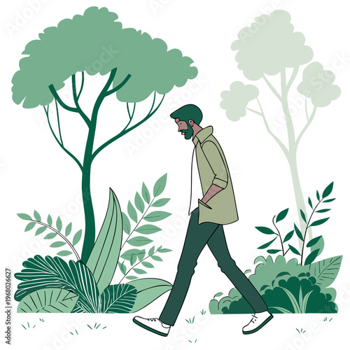 A contemplative man with a beard walks beneath lush green trees and foliage enjoying a peaceful outdoor scene high quality
