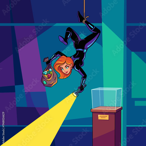 An illustrated superhero in a stealthy pose, engaged in a thrilling heist scene, combining action and adventure with a modern comic book style aesthetic.