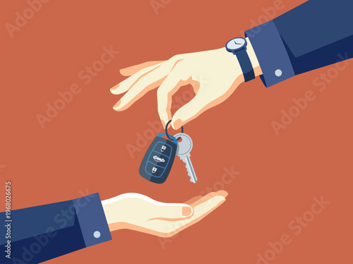 This illustration depicts hands passing car keys, symbolizing trust, cooperation, and transition, highlighting the connection between people and their shared responsibilities.