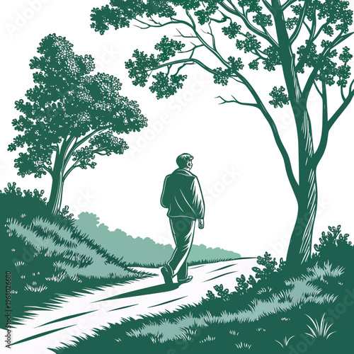 A solitary figure walks along a winding path through a lush green landscape framed by towering trees high quality professional