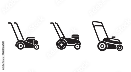 Three different lawn mower designs  side views of various garden lawn cutters  gardening equipment  isolated on white background
