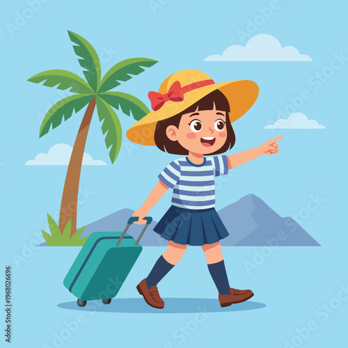 This colorful illustration showcases a happy girl with a suitcase, wearing a hat and a striped shirt, joyfully pointing towards the beach, invoking feelings of travel and adventure.
