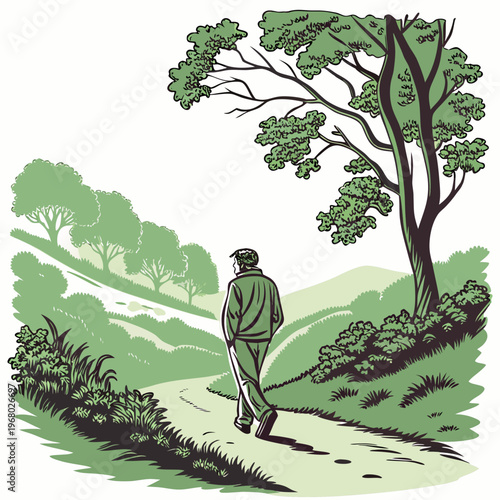A solitary figure walks along a winding path through a lush green landscape dotted with trees and rolling hills
