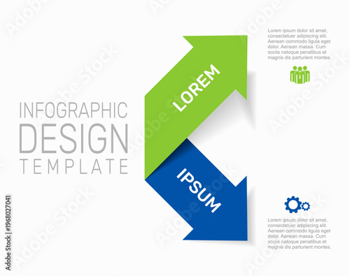Business infographic template with two folded arrows pointing outward, colorful segments, icons, and text placeholders. Vector illustration.