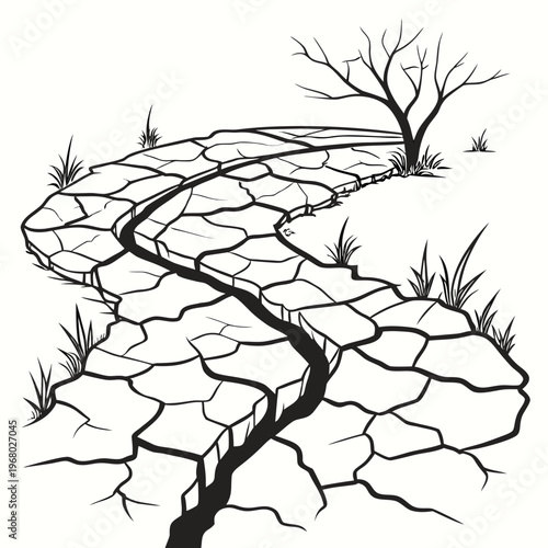 A stark black and white illustration depicts a fractured landscape with a winding river and a solitary bare tree