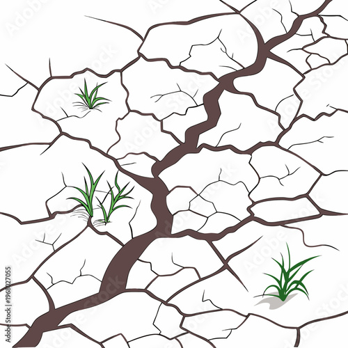 A stark depiction showcases cracked earth with small patches of vibrant green vegetation bravely pushing through the fissures high quality