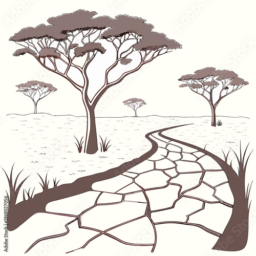 A stylized illustration depicts several acacia trees in a dry cracked landscape under a pale sky high quality professional detailed