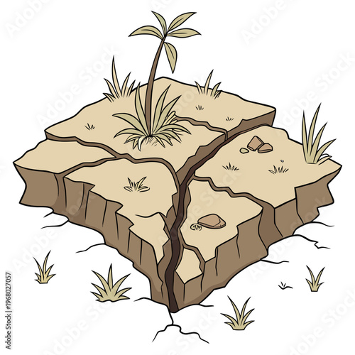 A stylized illustration depicts a fractured arid landmass with sparse vegetation and a prominent central fissure high quality professional detailed