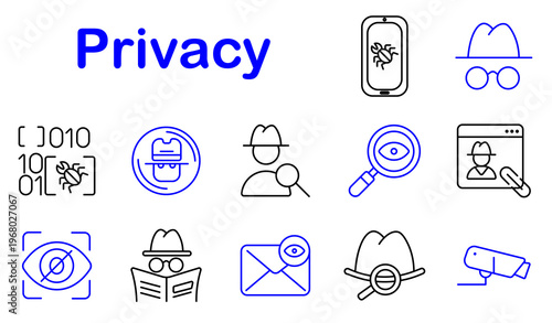 Privacy security set icon. Line style icons display malware phone, spy disguise, binary code, fingerprint scanner, detective search, surveillance browser, hidden eye, secret message