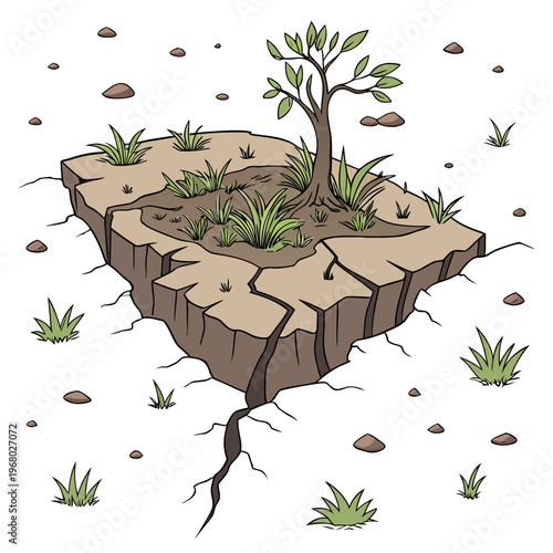 A small tree grows atop a fractured floating landmass symbolizing resilience and the fragile nature of ecosystems high quality professional