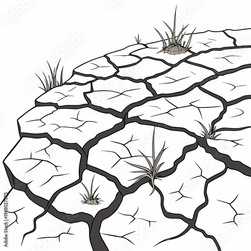 A stark illustration depicts severely cracked dry earth with sparse clumps of grass symbolizing drought and environmental degradation high quality