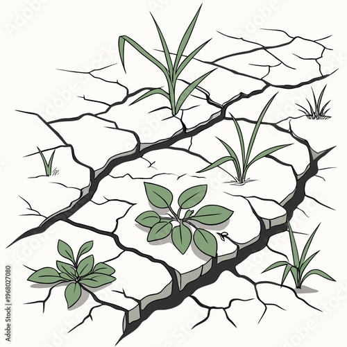A stylized illustration depicts resilient green plants growing through cracks in dry fractured earth symbolizing hope and persistence high quality