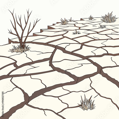 A stark illustration depicts cracked arid earth with sparse vegetation showcasing the devastating effects of drought and desertification high quality