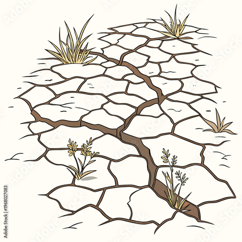 A stylized illustration depicts cracked arid earth with sparse dry vegetation representing a drought stricken landscape high quality professional detailed