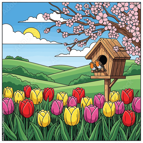 Birds in a wooden bird house.