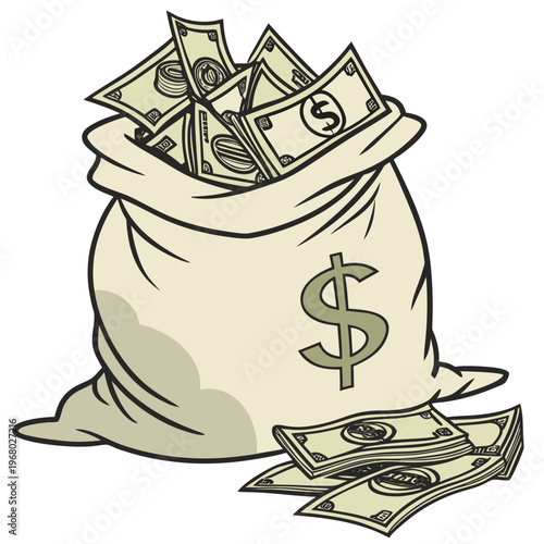 A beige drawstring bag overflows with united states dollar bills with several more scattered beneath it high quality professional detailed