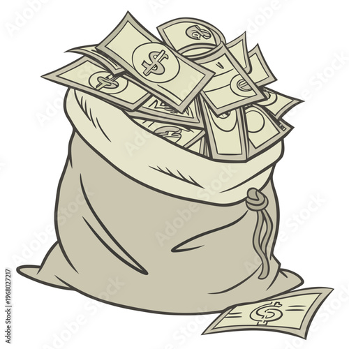A detailed illustration depicts a full overflowing sack brimming with numerous dollar bills suggesting wealth and financial abundance high quality
