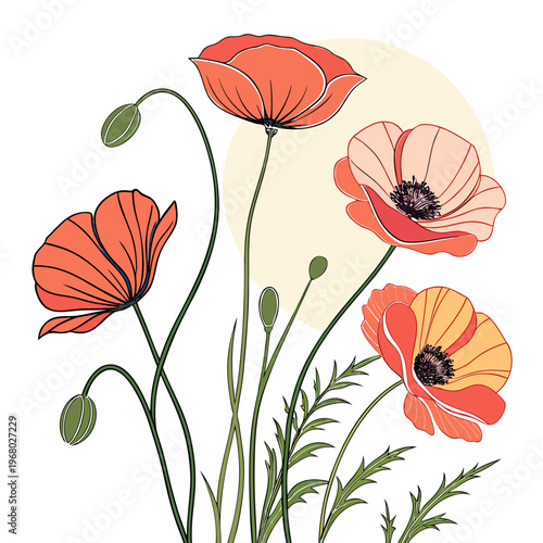 A delicate illustration showcases vibrant poppy flowers with slender stems and unopened buds against a soft pale yellow backdrop