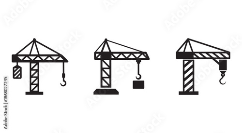 Three different types of cranes with hooks and blocks used for heavy lifting and construction work in industrial settings  crane icons