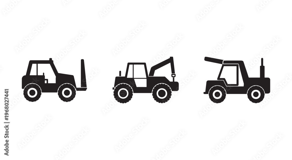 Naklejka premium Three different views of a forklift truck from the side industrial vehicle equipment for lifting and moving heavy loads in warehouses and construction sites