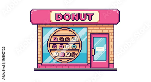 This pixel art vector illustration depicts a cozy pink donut shop with a brick exterior and a window displaying a variety of delicious treats.