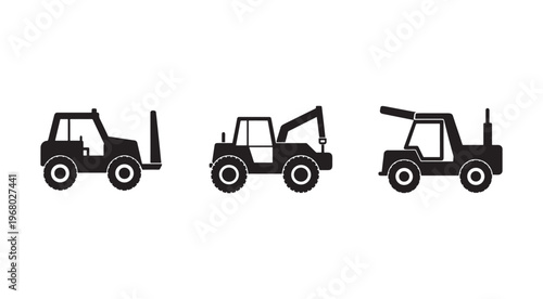 Three different views of a forklift truck from the side  industrial vehicle equipment for lifting and moving heavy loads in warehouses and construction sites